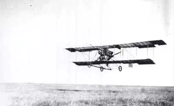 Curtiss-type biplane lifts off