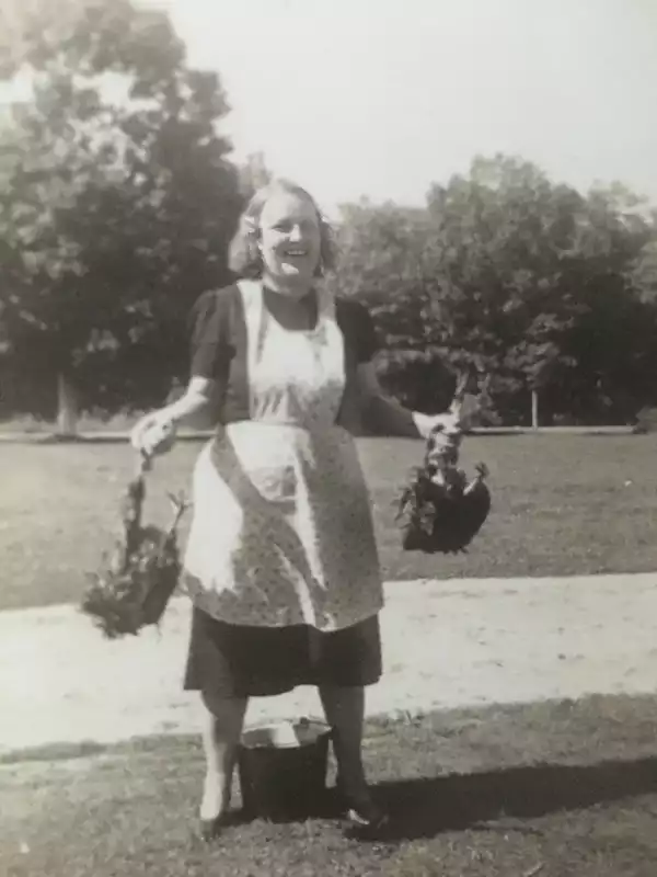 Jane with chickens
