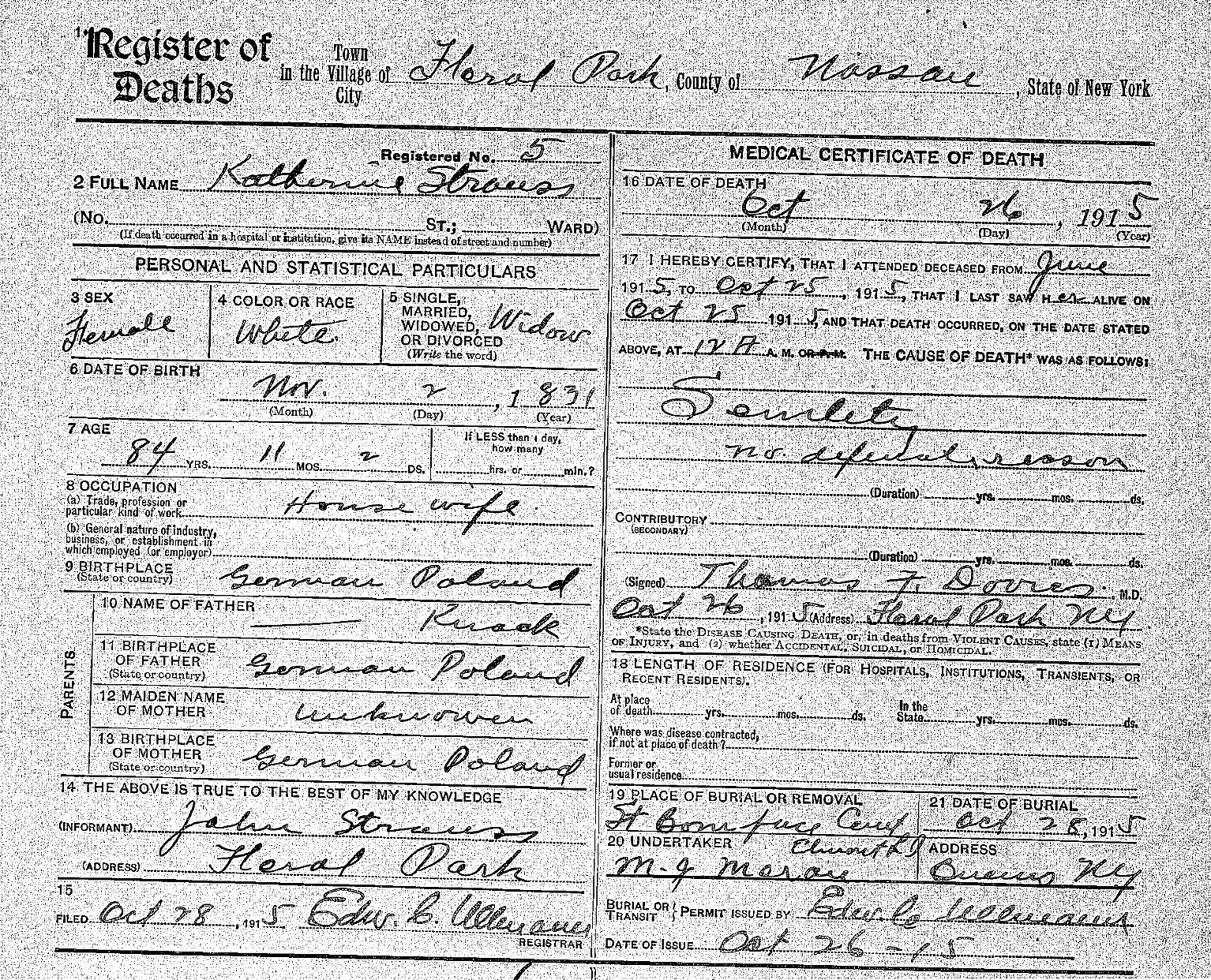 death certificate for Katherinr Knack