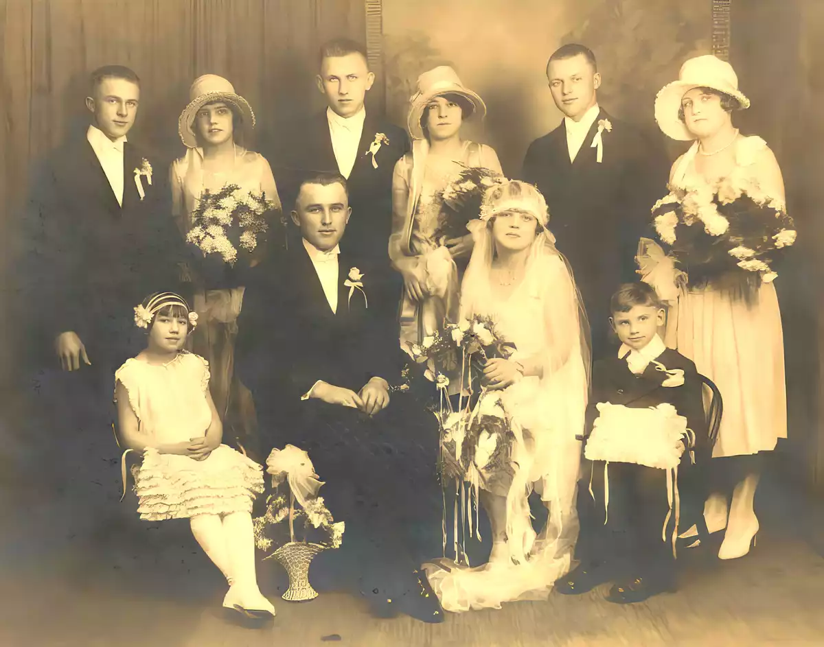 John Gozelski and Lillian Strauss Wedding Portrait with wedding party